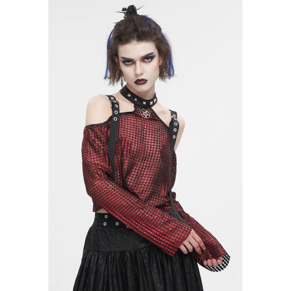 Devil Fashion - Mesh off-shoulder halterneck long-sleeved women's T-shirt Longsleeve top - Red
